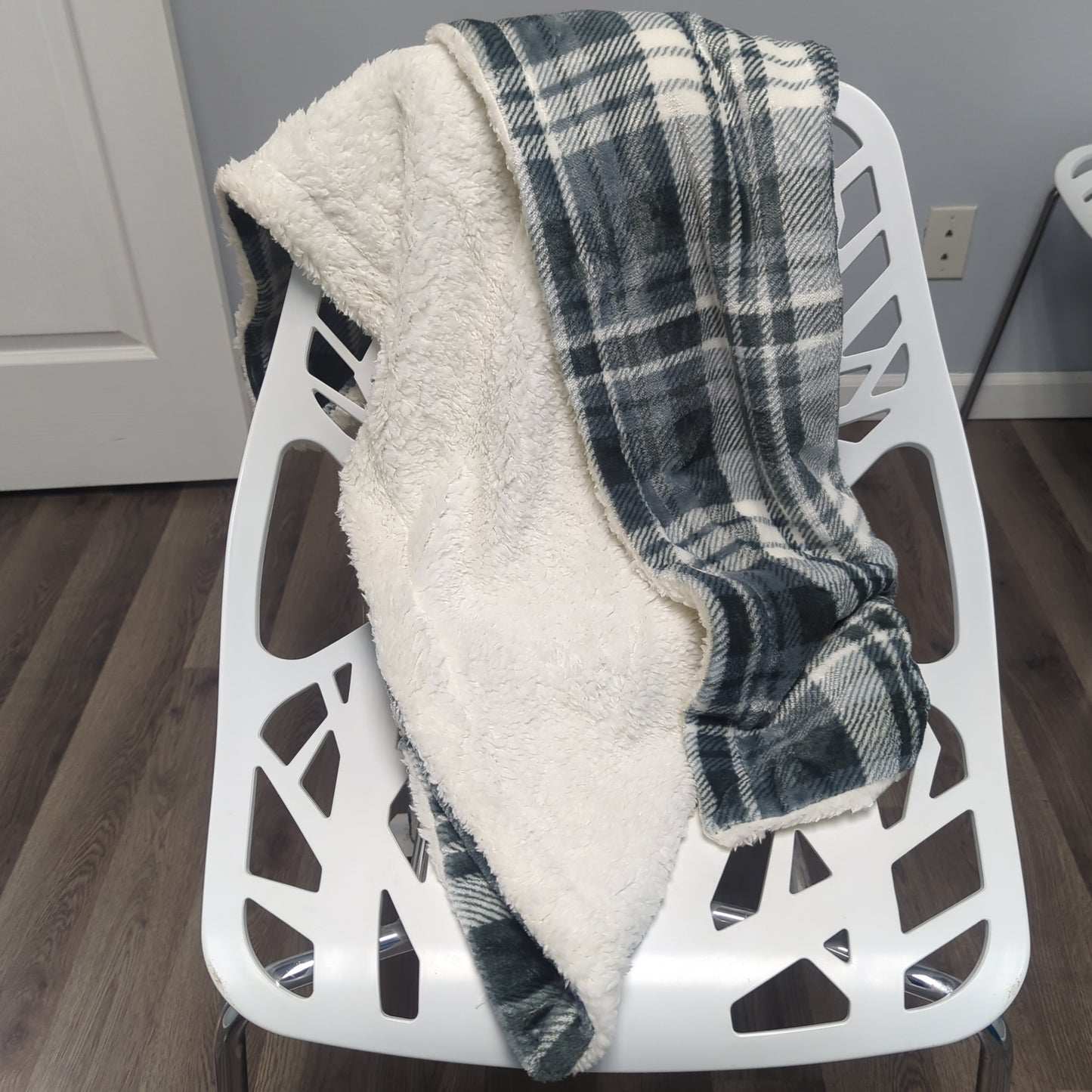 Grey plaid sherpa blanket