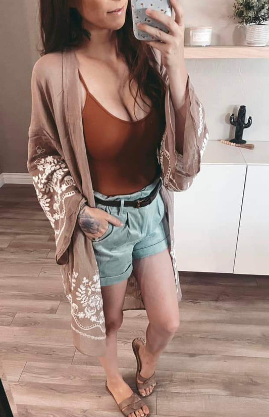 Mocha embroidered kimono