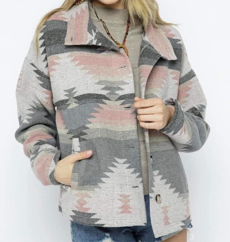 Pink and grey aztec shacket